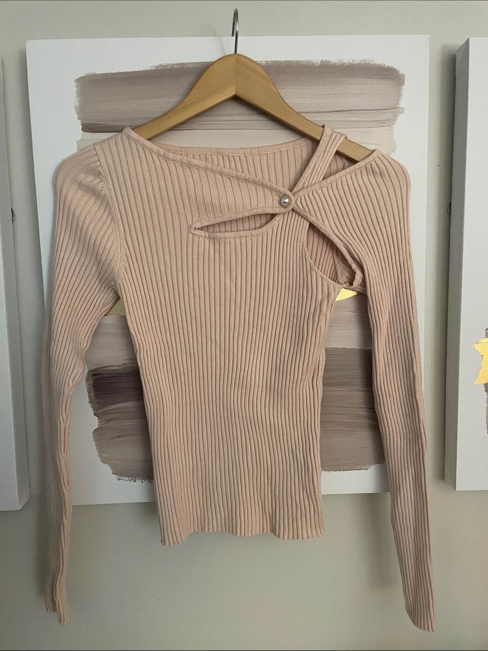SHEIN Ribbed Asymmetrical Cutout Long Sleeve Sweater - Blush
